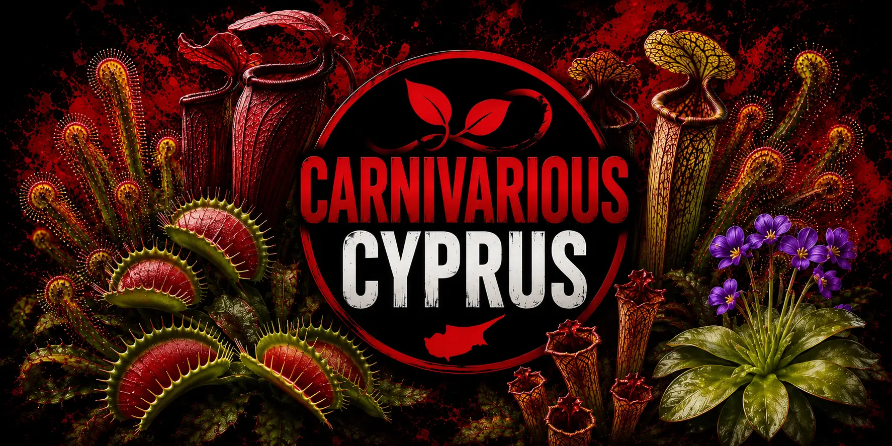 Carnivorous plants surrounding the Carnivarious Cyprus logo